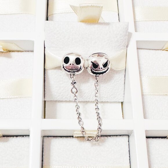 925 Sterling Silver Jack Skellington Faces Safety Chain Charm Bead fits Pandora - Picture 1 of 8